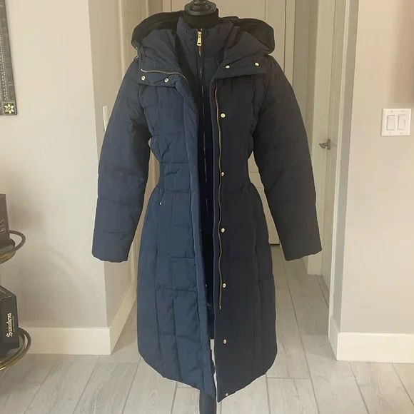 Cole Haan Signature Navy Long Down Puffer Coat Hooded Size XS NWT - Picture 3 of 11